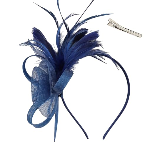 Bibi vintage bleu marine pour les mariages, élégant et charmant en dentelle et plumes pour mariage, jardin, thé, fête d'anniversaire (UK, Alpha, taille unique, bleu marine)