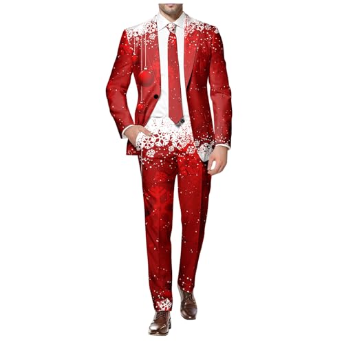 2-teiliger Weihnachtsanzug für Herren, Blazer-Hosen-Set, Weihnachtsmann, Schneeflocken-Druck, Smoking, Anzugjacke für Herren, Weihnachtsoutfit für Herren, für Abendessen,...