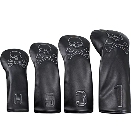 Scott Edward Skull Golf Woods Headcovers Covers for Driver Fairway 1 3 5 H Clubs Set Heads PU Leather Unisex Black Brown Black Skull Embroidery