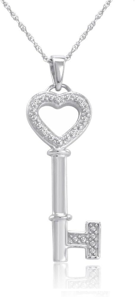 Diamond Key to Her Heart Pendant Necklace in 925 Sterling Silver on an 18 inch Sterling Chain with Real Diamond