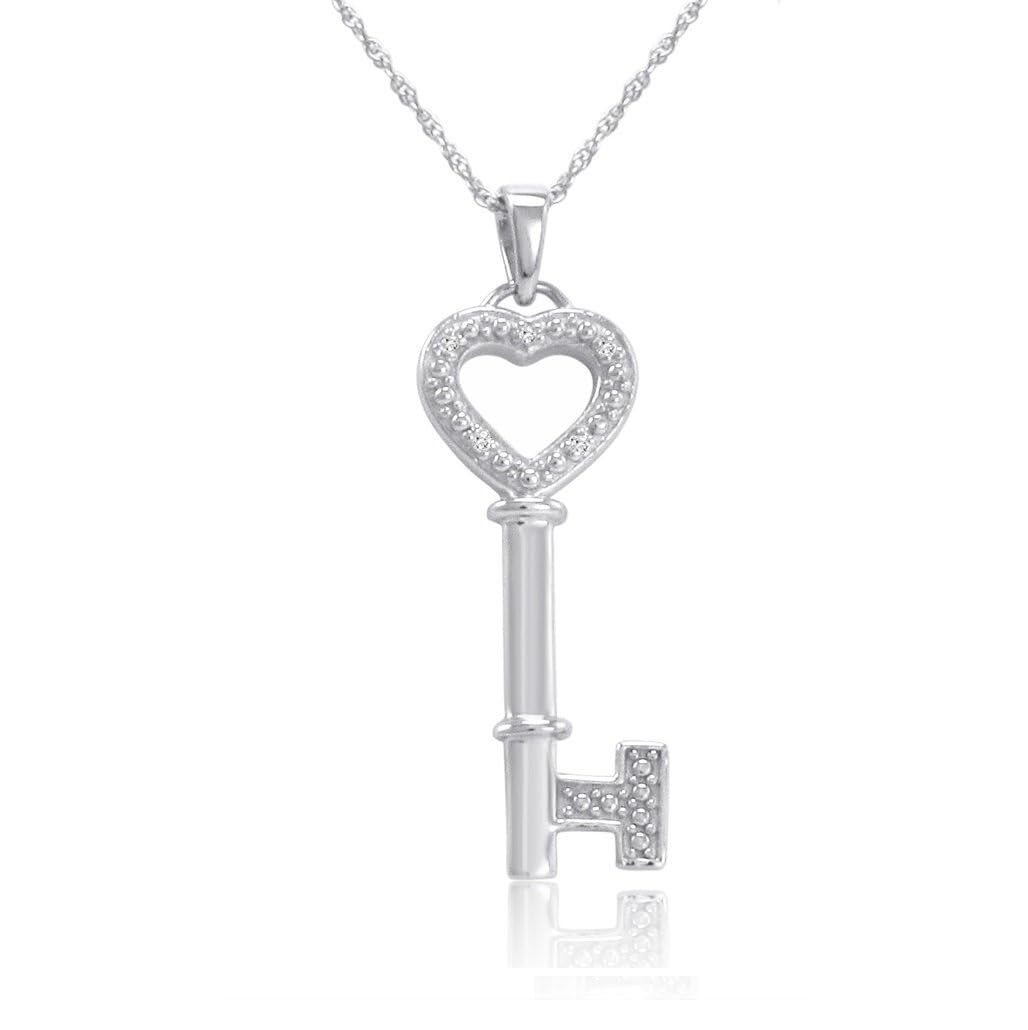 Diamond Key to Her Heart Pendant Necklace in 925 Sterling Silver on an 18 inch Sterling Chain with Real Diamond