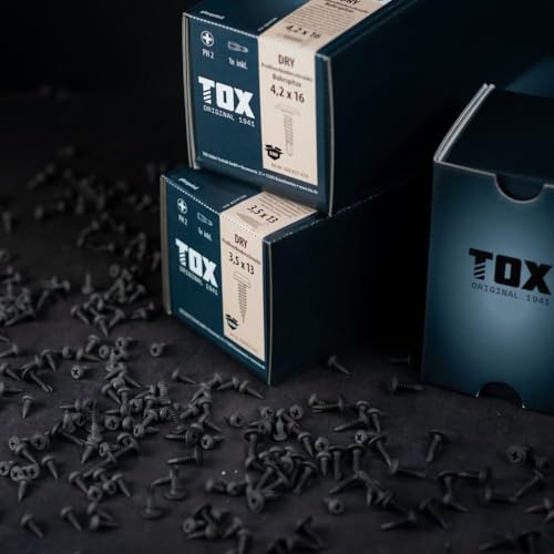 TOX Profilverbinderschrauben DRY PV 3,5 x 13 mm, Schrauben schwarz phosphatiert mit Panhead + Feingewinde, zur Verbindung von CW-Profilen oder Blechen, PH2, 1000 Stück, inkl. 1x Bit, 142883213513