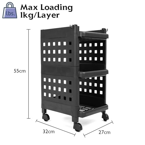 Image of ADA Plastic Premium Multipurpose Storage Rack Organizer with Wheels & Hooks for Living Room,Office,Bedroom,Bathroom,Kids Room Modern Onion Potato Rack for Kitchen Trolley Cart Stand (Black-3 Layer)