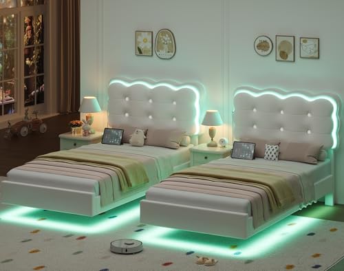 HIFIT 2 Set Upholstered Twin Size LED Bed Frame with Charging Station, Adjustable Crystal-Tufted Puffs Headboard, Velvet Girls Floating Twin Platform Bed Frames for Kids with Under Bed Lights, Beige