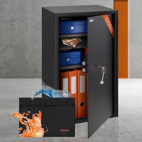 Brihard Business XXL Tresor mit Schlüssel 73x40x36cm & Feuerfeste Dokumententasche A4, 102L Großer Stahl Safe für Zuhause oder Büro mit 3 Höhenverstellbaren Ablagen, für Laptop, Geld & A4 Dokumente