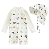 JENJON Baby Jungen Langärm Bedruckter Badeanzug Infant Reißverschluss Badebekleidung Rashguard 2-teiliges Dinosaurier/Hai Badeanzugsets mit Sonnenhut Weißer Dinosaurier 18-24 Monate