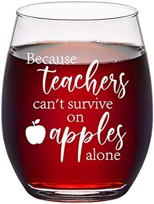 Futtumy Teacher Gifts, Because Teachers Can't Survive On Apples Alone Stemless Wine Glass for Teacher Women Thank You Appreciation Gift Birthday Christmas Thanksgiving, Funny Teacher Wine Glass 15 Oz