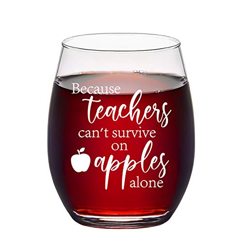 Futtumy Teacher Gifts, Because Teachers Can't Survive On Apples Alone Stemless Wine Glass For Teacher Women Thank You Appreciation Gift Birthday Christmas Thanksgiving, Funny Teacher Wine Glass 15 Oz #TOP30