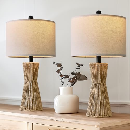 Image of OYEARS 22.5 inch Table Lamps for Living Room,Boho Lamps Set of 2 for Bedrooms, Bedside Lamp for Nightstands, Rattan Lamp, Farmhouse Table Lamp for Room Decor, End Table, Retro, Brown(Not Include Bulbs)