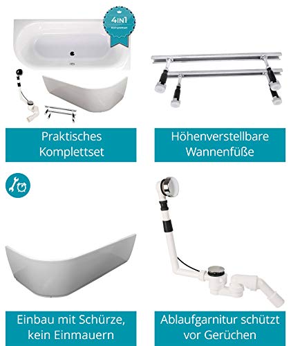 Calmwaters® Rechteck Badewanne Komplettset 180x80 cm mit Schürze, Wannenfüßen & Ablaufgarnitur, Acrylwanne Honest linkes Modell, Duowanne für 2, Set Badewanne komplett 180 x 80 cm Weiß, 99000049157