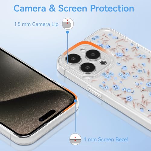 Étui iPhone 15 Pro Max cadeau idéal motif fleurs esthétiques bleu clair TPU
