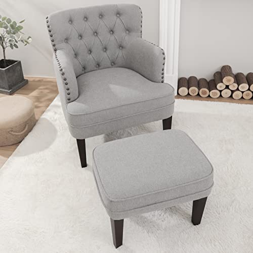 Accent Chair With Ottoman, Living Room Chair, Footrest Chair Set With Vintage Brass Studs, Button Tufted Upholstered Armchair For Living Room, Comfy Reading Chair For Bedroom, Reception Room (Grey) #TOP2