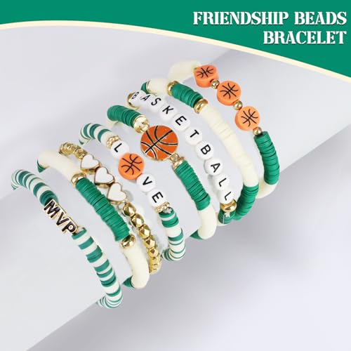 image for AKAIXI Basketball Stretch Bracelets, Green and Cream White Clay Beaded