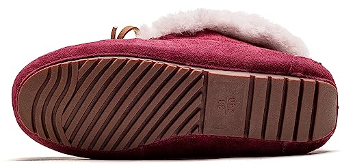 Image of Women's Moccasin Slippers with Warm Wool Lining, Pigskin Leather Non-Slip Rubber Sole for Indoor and Outdoor Casual Winter Flat Shoes