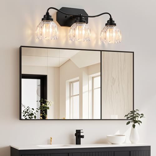 Image of Vintage Bathroom Light Fixtures, 3 Light Bathroom Vanity Light, Black Matte Antique Brass Finish with Crystal Glass Shade, Mid Century Wall Sconces for Bedroom, Living Room, Hallway