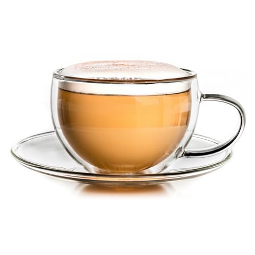 Creano Thermo-Tasse, doppelwandige Tee-/Latte Macchiato Cappuccino Tasse mit Untersetzer | 250 ml