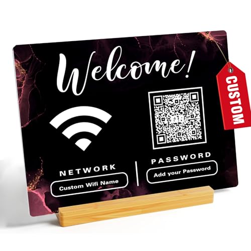 Custom WiFi Password Sign with QR Code & Wooden Base for Guests, Business, Home Décor & Events