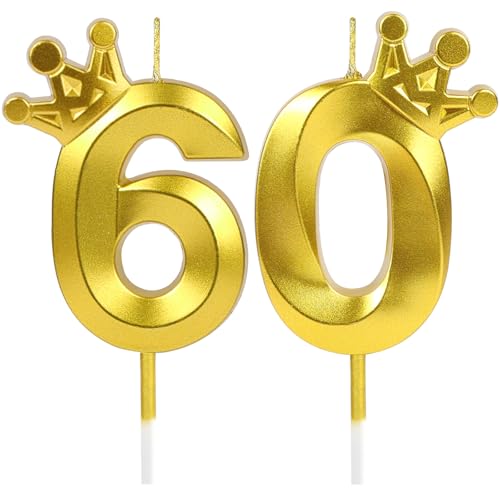 URAQT Velas de aniversário número 60, vela de aniversário com coroa, 3D velas de bolo de aniversário douradas, decoração de velas de 60 anos, para festa temática, 60