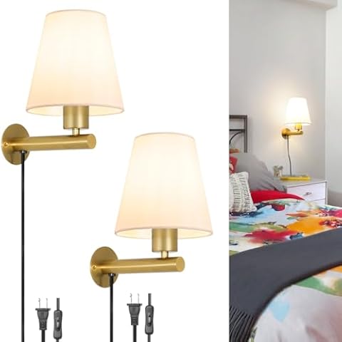 Gold Plug in Wall Sconces Set of Two, Brass Wall Sconce Lights for Bedroom Plug in, Wall Lamp with On/Off Switch Cord, Bedside Plugged Wall Mounted Light with Fabric Linen, Wall Decor for Living Room Cover
