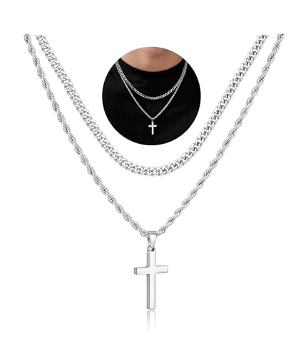 BAROROBA Mens Cross Necklace Stainless Steel Cuban Rope Chain Cross Pendant Necklace Men's Jewellery Birthday Boyfriend Husband Christian Gifts for Him (18/20inch silver)
