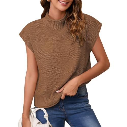 Pink Queen Women's 2024 Fall Mock Neck Sweater Vest Cap Sleeve Pullover Knit Tops Large Coffee