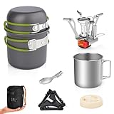 Gurukim 8-in-1 Camping Cookware Camping Pot and Pan Set with Mini Camping Stove Stainless Steel Cup &Spork Tank Bracket and Cleaning Tools Cooking Gear for Outdoor Hiking Campfire