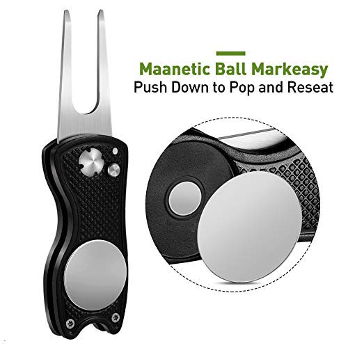 3 Pieces Golf Divot Repair Tool Stainless Steel Foldable Golf Repair Tool Magnetic Golf Ball Marker Tool With Pop Up Button Portable Golf Repair Tool (Black, Red, Blue) #TOP5