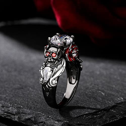 Image of Jeulia 2.55ct Skull Engagement Ring Sets Sterling Silver Heart Cut Red Diamond Ruby Rings Cubic Zirconia Wedding Promise Anniversary Romantic Jewelry for Women Grils Bridal with Gift Box