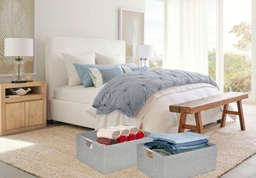 Image of Collapsible Storage Box for Women - Foldable Home Organizer 16.9x12.5x7Inches with Wooden Handles | Closet, Bathroom & Kids Room Storage | Heavy-Duty Linen Fabric 2Pack