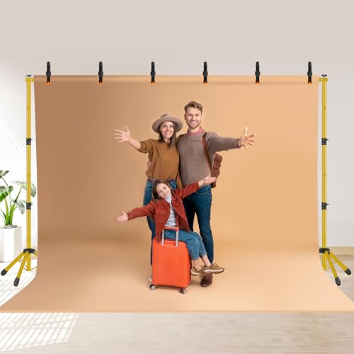 Backdrop Stand, Adjustable 10x7.5 FT Background Stand Backdrop for Parties, Photo Video Studio, Portable Photography Backdrop Stand with Carrying Bag, 6 Backdrop Clamps, and 2 Stand Bags, Gold