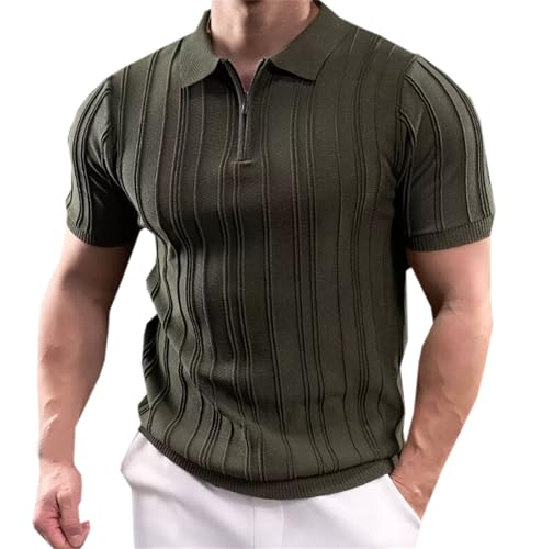 DAIMIDY - DAIMIDY Mens Zipper Polo Sweater - Textured Knit Short Sleeve Pullover in Army Green - Best Deal on Amazon