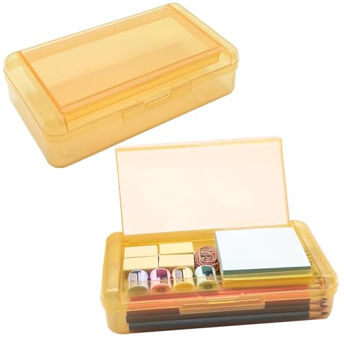 Image of 1 PCS Double Layer Large Capacity Translucent Plastic Hard Pencil Box with Snap-tight Lid, Stackable, for Office School Supplies (Yellow)