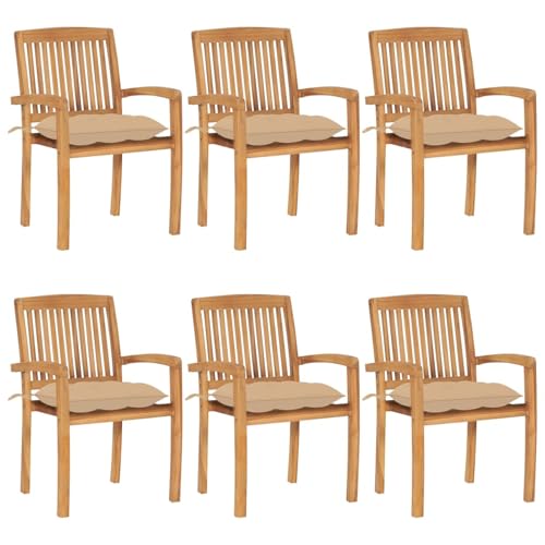 Vopese Sillas de jardín apilables 6 uds Madera de Teca con Cojines Diseño Moderno Sillas Ligeras para Exterior, Jardín o Terraza Sillón con Reposabrazos y Respaldo Beige