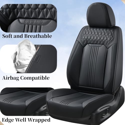 Image of Coverado Seat Covers Full Set, Leather Car Seat Cover, Waterproof Car Seat Protector, Automotive Seat Covers Car Seat Cushion Universal Fit for Most Cars, Black