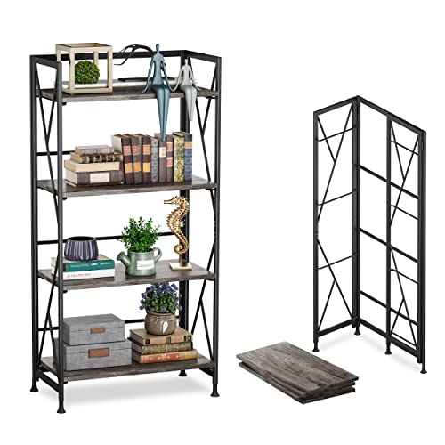 Borzer Folding Bookshelf 4 Tier Wooden Bookcase with Metal Frames No Assembly Storage Shelves Stand Book Rack Organizer for Home Office Study 49.2-inch(Oak) Borzer Folding Bookshelf 4 Tier Wooden Bookcase with Metal Frames No Assembly Storage Shelves Stand Book Rack Organizer for Home Office Study 49.2-inch(Oak)