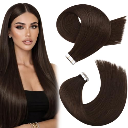 Moresoo Dark Brown Human Hair Extensions Tape in, 22 Inch, 20Pcs, 50g
