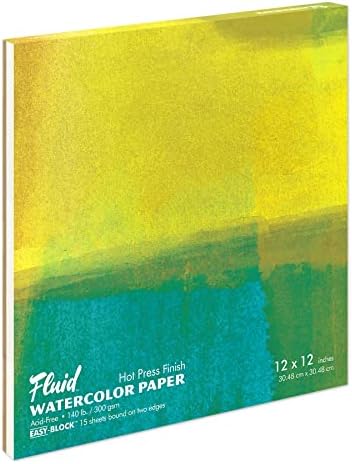 Fluid Watercolor Paper Block, 12 x 12 inches, 15 Sheets, 140 lb (300 GSM) Hot Press Pad for Artist Painting and Wet Media