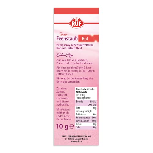 RUF Feenstaub Rot, roter Deko Glitzer essbar, glitzer Pumpspray für einen funkelnden Rot-Schimmer auf Plätzchen, Süßspeisen und Torten, 10g Flasche
