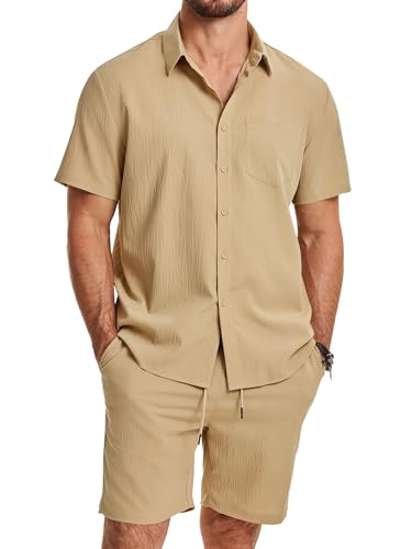 JMIERR 2 Piece Set for Men Button Up 2026 Drawstring Summer Vacation Old Money Cruise Texture Outfits, XL, Khaki