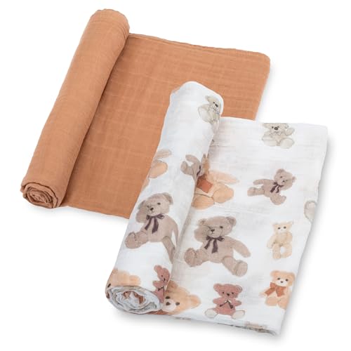 Image of LollyBanks Baby Swaddle Blankets 2 Pack, 100% Cotton Muslin Blanket 47 x 47 Inches, Soft and Breathable Newborn Receiving Blanket for Boys, Cozy Infant Swaddle, Baby Essential (Teddy Bear and Tan)