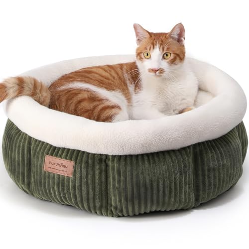 FUKUMARU Cuccia Gatto Interno, Lavabile Cuccia Rotonda per Gatti, Cuscino Morbido e Soffice per Gatti e Cuccioli, Letto Carina per Cani di Piccola Taglia in Velluto a Coste, Verde