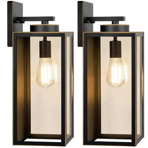 Image of BesLowe 15'' Large Outdoor Wall Lights, Porch Lights Black with Gold Trim