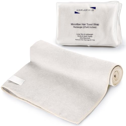 SimpleField Large Microfiber Hair Towel Wrap (27x40 Inches) for Women Anti-Frizz Flat Rectangle Drying Towel with Full Hair Coverage Design Elastic Band for Long Curly and Thick Hair (Beige)