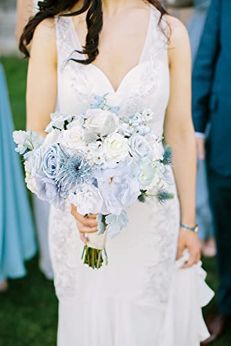 Rose Artificial Flowers Deluxe White Blue Bouquets Box, Real Looking Blue Flowers Artificial Foam Roses Silk Fake Flowers For Diy Wedding Bouquets Centerpieces Floral Arrangements Cake Home Decoration #TOP4