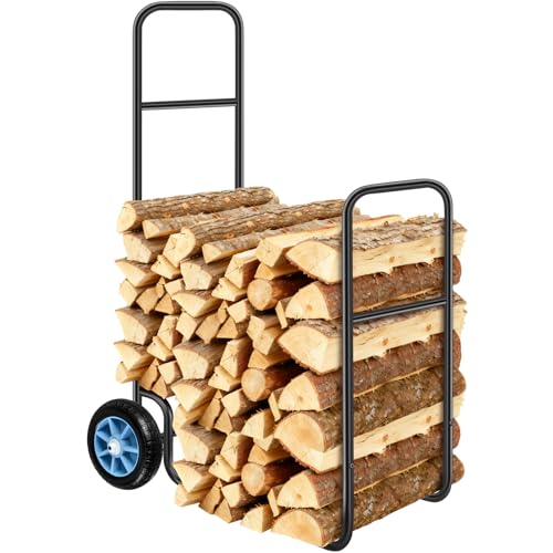 Meyoppm Firewood Log Cart Carrier with Pneumatic Rubber Wheels 250 lbs Load Capacity Firewood Rack Cart Firewood Log Cart Suitable for Indoor and Outdoor Mobile Wood(Black)