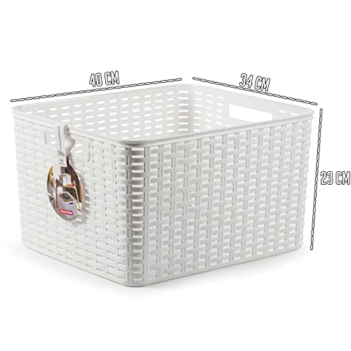 Miniatura 2 de Cesta De Almacenamiento Rectangular De Plástico Blanco 28,5 Litros, Imitación Estilo Mimbre 22,7 X 39,5 X 34,5 Cm, Cesta De Ordenación Con Asas Para Ropa, Alimentos, Objetos, Hogar