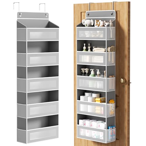 Image of Over The Door Organizer, Over the Door Storage with 5 Large 10 Side Pockets, Hanging Door Organizer 44 lb Load Behind Door Storage, Hanging Shelf for Closet Wall Bedroom Bathroom Nursery, 5-Tier Grey