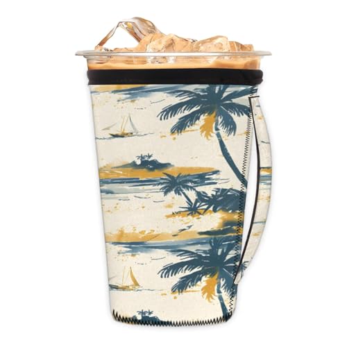 Hand Painted Ocean Sailboat Coconut Tree Reusable Neoprene Coffee Sleeve with Handle Insulated Iced Coffee Cup Holder Reduces Condensation Fits 24-28 oz Cups M