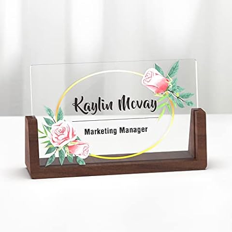 Office Desk Name Plate Personalized - Custom Name Plate for Desk, Acrylic Name Plate with Wooden Base, Unique Gifts for Women - 7"x4.3" Cover