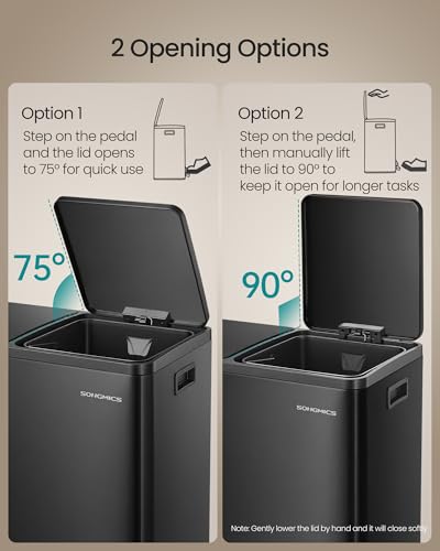 Image of SONGMICS Trash Can, Double Compartment Garbage Can, Stainless Steel | 2 X 8 Gallon (2 x 30 L) for Recycling, with 15 Liner Bags, Soft-Close Lids, Removable Buckets, Black ULTB160BZ01